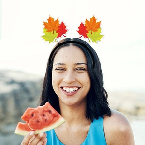 Detail view of colorful maple leaves headpiece for Thanksgiving party costume
