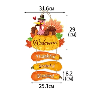 Thanksgiving hanging door sign with turkey and pumpkins featuring grateful welcome text