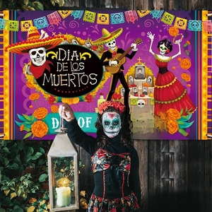 Dia de los Muertos backdrop featuring skeletons and marigolds for festive party decoration