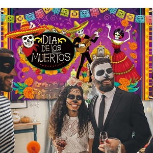 Dia de los Muertos party backdrop featuring skull musicians and marigolds on purple fabric