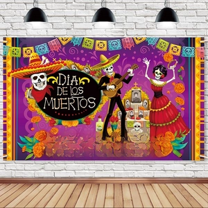 Dia De Los Muertos Backdrop Mexican Day Of The Dead Party Decoration Banner Polyester Skull Marigold Papel Picado Floral