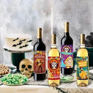 Dia de los Muertos wine bottle stickers with colorful skull and Mexican party designs