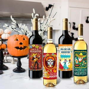 Dia de los Muertos wine bottle labels set featuring traditional Mexican skull designs