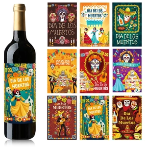 Dia De Los Muertos Wine Bottle Stickers Sugar Skull Party Decoration Labels Mexican Theme Waterproof Adhesive Decals
