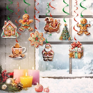 Festive Christmas ceiling swirls featuring gingerbread man and Santa holiday hanging decor