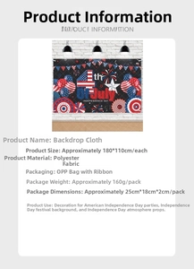 Polyester 4th of July backdrop 180x110cm with ribbon packaging and product specifications
