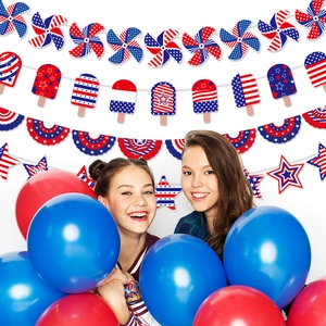 Independence Day party decorations set featuring red white blue banners and balloons decor