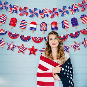 USA Independence Day party banner set featuring stars and stripes on light wood background