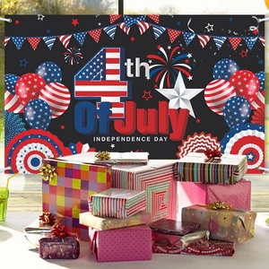 4th of July Independence Day party backdrop banner with balloons fireworks and gift boxes