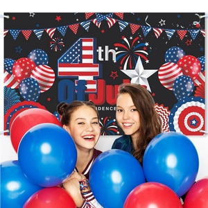 Close-up of July 4th Independence Day backdrop with red white and blue fireworks and grommets