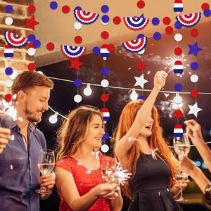 USA Independence Day patriotic party decorations with red white and blue star hanging swirls