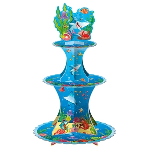 Three-tier under the sea theme cupcake stand with shark and ocean animal illustrations