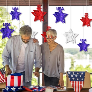 Set de fête Jour de l'Indépendance avec étoiles 3D, chapeaux et lunettes patriotiques USA
