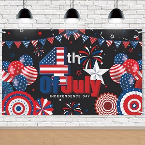 4th Of July Independence Day Backdrop Banner Red White Blue USA Flag Stars Fireworks Polyester Fabric Festive Party Decor