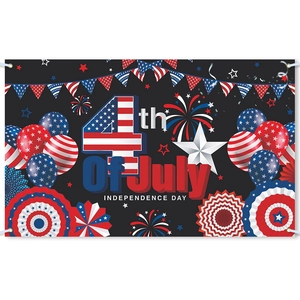 4th of July Independence Day banner with festive balloons and stars on black background