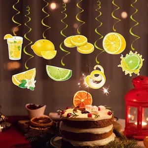 Hello Summer party banner set with hanging lemon and lime spiral swirl decorations