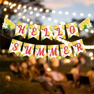 Hello Summer lemon theme banner set with bright pink letters and outdoor lighting decor