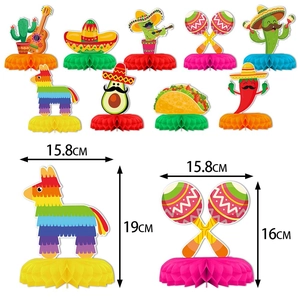 Macro detail showing 9 Mexican Fiesta honeycomb centerpieces with dimensions and vibrant colors