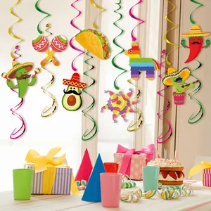 Mexican Fiesta party hanging swirl decorations with cactus, pinata, and avocado motifs