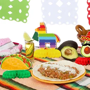 Mexican fiesta party honeycomb centerpieces with llama, taco, and avocado designs