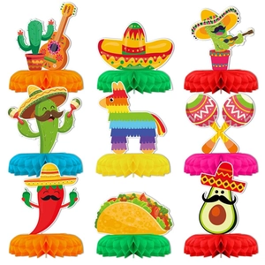 9-piece set of Mexican Fiesta party centerpieces with paper honeycomb bases and taco designs