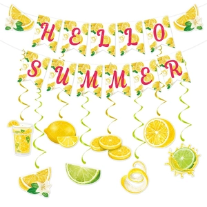 Hello Summer Banner And Lemon Spiral Hanging Decorations Paper PVC Fruit Theme Tropical Hawaiian Luau Party Decor