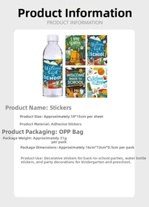 Detailed view of Back to School water bottle stickers with stationery and bag patterns