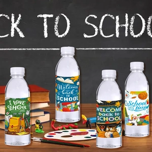 Colorful back to school water bottle labels with cartoon school supplies and owl motifs