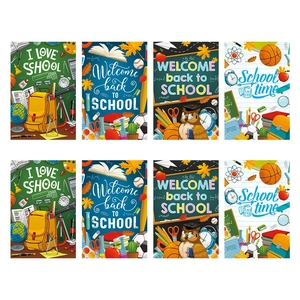 Colorful back to school decorative water bottle stickers with school themed illustrations
