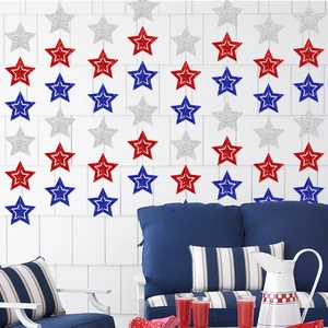 Red blue and silver glitter star garland banner for July 4th Independence Day party decor