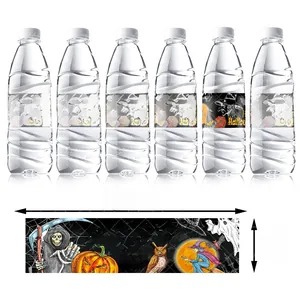 Detailed view of Halloween water bottle stickers showing dimensions and various spooky motifs