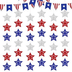Independence Day Star Hanging Decorations Glitter Paper Hollow Five-Pointed Star Red Blue Silver July 4th Party Decor