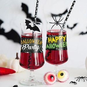 Halloween bottle labels with spider web design and festive party text on glass wine cups