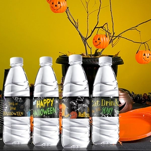 Halloween party water bottle labels with spooky motifs like black cats and bats on yellow background