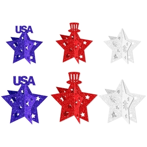 Set of 6 USA Independence Day 3D star ornaments in red, white, and blue glitter finish