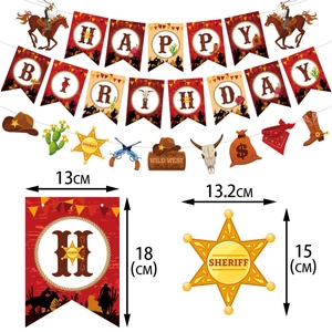Western cowboy birthday party decoration set with banner and signs in retro style