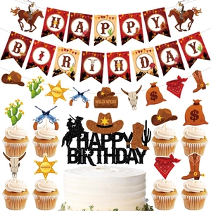 Western Cowboy Birthday Party Decorations Happy Birthday Banner Cake Toppers Wild West Theme Paper Sheriff Star Horse Cactus