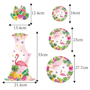 Three-tier Flamingo Hawaiian party cupcake stand with tropical floral design and topper