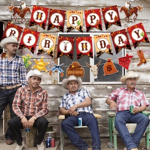 Western cowboy party decoration set with Happy Birthday banner and sheriff star cutouts