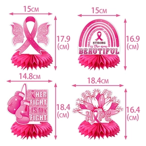 Set of 4 Pink Ribbon Breast Cancer Awareness honeycomb centerpieces with dimensions