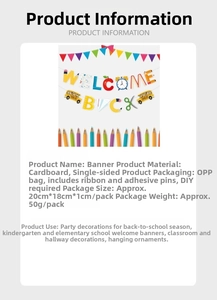 Detail view of Welcome Back banner with school bus and pencil icons for party decor