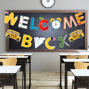 Welcome back to school banner set with school bus pencil and stationery decorations