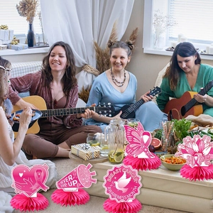 Pink Breast Cancer Awareness honeycomb centerpieces with hope and pink ribbon designs