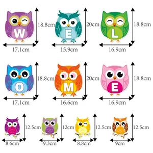Size chart for colorful owl wall decals with WELCOME letters for back to school party