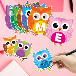 Colorful owl-shaped school wall stickers and message cards for back-to-school party decor