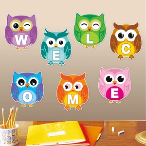 Colorful cartoon owl wall decals featuring WELCOME letters for back to school decoration