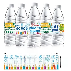 Waterproof Back to School water bottle labels with school bus and pencil designs