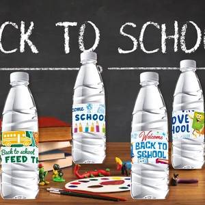 Four water bottles with colorful Back to School labels featuring school bus and pencil designs