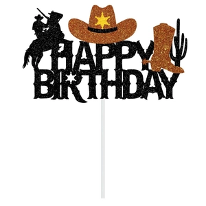 Glittery Cowboy Birthday cake topper with western hats boots and cactus silhouettes