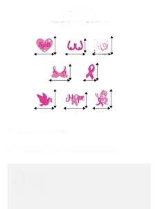 Size chart showing pink glitter cake toppers in heart, ribbon, and breast cancer awareness shapes